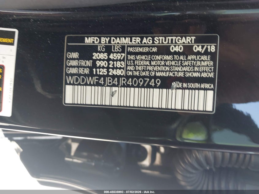 2018 Mercedes-benz C-klasse VIN WDDWF4JB4JR409749 IAAI salvage auction — FRONT END, Salvage Title, sold $8,000 on 2026-08-05 (photo 9)