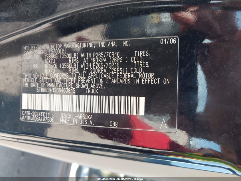 2006 Toyota Tundra VIN 5TBRU34136S463815 IAAI salvage auction — NORMAL WEAR, Clear (Colorado), sold $1,650 on 2026-07-29 (photo 9)