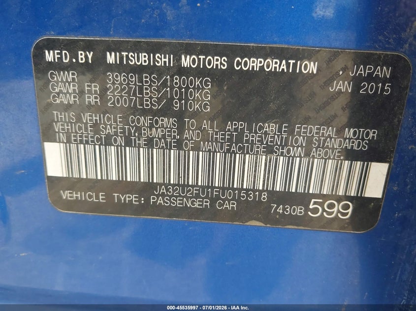 2015 Mitsubishi Lancer VIN JA32U2FU1FU015318 IAAI salvage auction — NORMAL WEAR, Clear (Colorado), sold $150 on 2026-07-22 (photo 9)