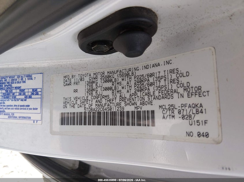 2004 Toyota Sienna VIN 5TDBA22C64S011239 IAAI salvage auction — NORMAL WEAR, Original (Kentucky), sold $625 on 2026-07-29 (photo 9)
