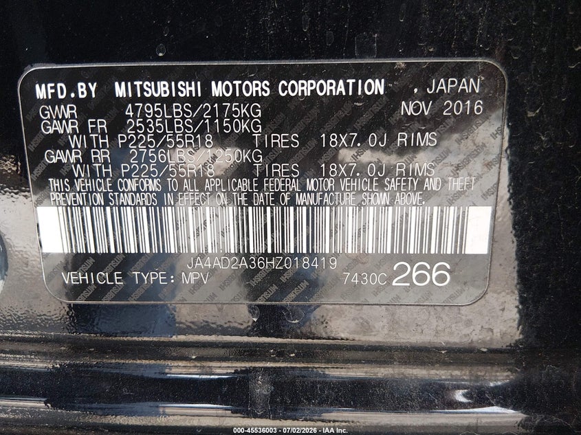 2017 Mitsubishi Outlander VIN JA4AD2A36HZ018419 IAAI salvage auction — NORMAL WEAR, Original (Texas), sold $1,150 on 2026-07-22 (photo 9)