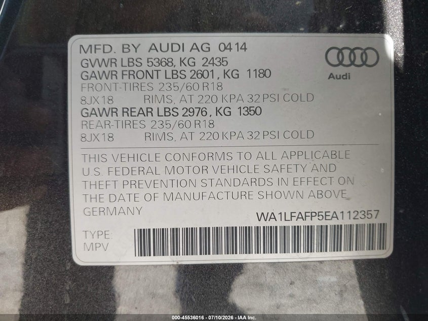 2014 Audi Q5 VIN WA1LFAFP5EA112357 IAAI salvage auction — SIDE, Salvage (California), sold $1,000 on 2026-07-22 (photo 9)