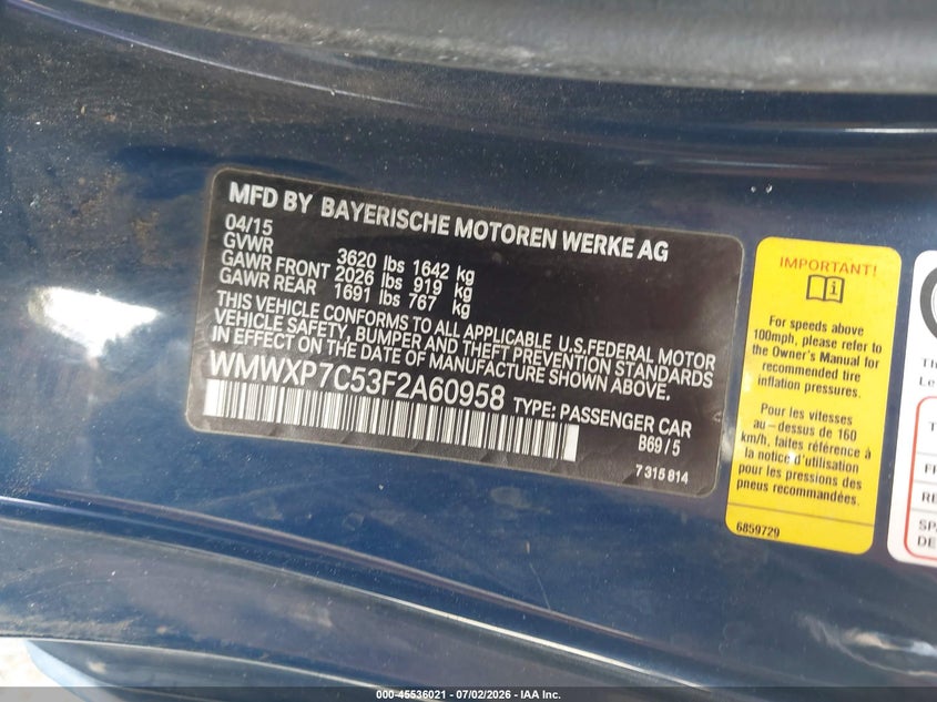 2015 Mini Hard top VIN WMWXP7C53F2A60958 IAAI salvage auction — FRONT & REAR, Salvage (California), sold $4,250 on 2026-07-20 (photo 9)