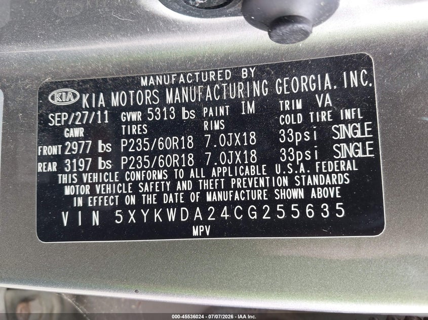 2012 Kia Sorento VIN 5XYKWDA24CG255635 IAAI salvage auction — NORMAL WEAR, Original (Maine), sold $1,850 on 2026-07-13 (photo 9)