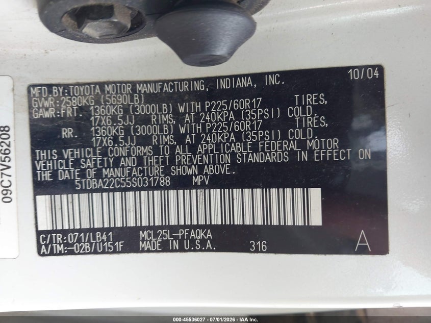 2005 Toyota Sienna VIN 5TDBA22C55S031788 IAAI salvage auction — NORMAL WEAR, Clear (Washington), sold $1,150 on 2026-07-15 (photo 9)