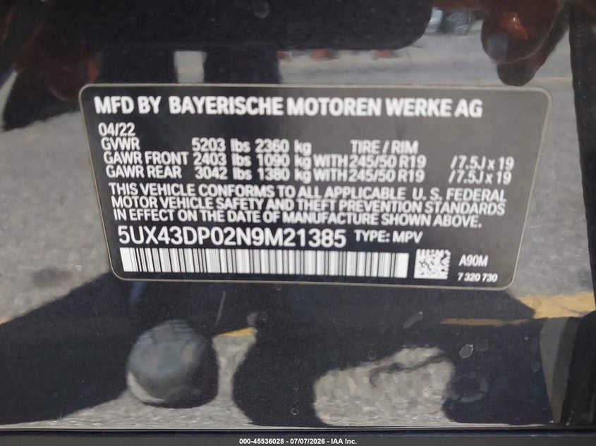 2022 BMW X3 VIN 5UX43DP02N9M21385 IAAI salvage auction — REAR END, Salvage Title, sold $25 on 2026-07-31 (photo 9)