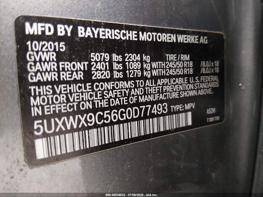 2016 BMW X3 VIN 5UXWX9C56G0D77493 IAAI salvage auction — LEFT REAR, Salvage (Pennsylvania), sold $125 on 2026-07-28 (photo 9)