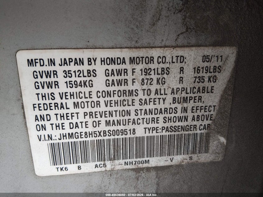 2011 Honda Fit VIN JHMGE8H5XBS009518 IAAI salvage auction — LEFT FRONT, Bill Of Sale (Washington), sold $575 on 2026-08-01 (photo 9)