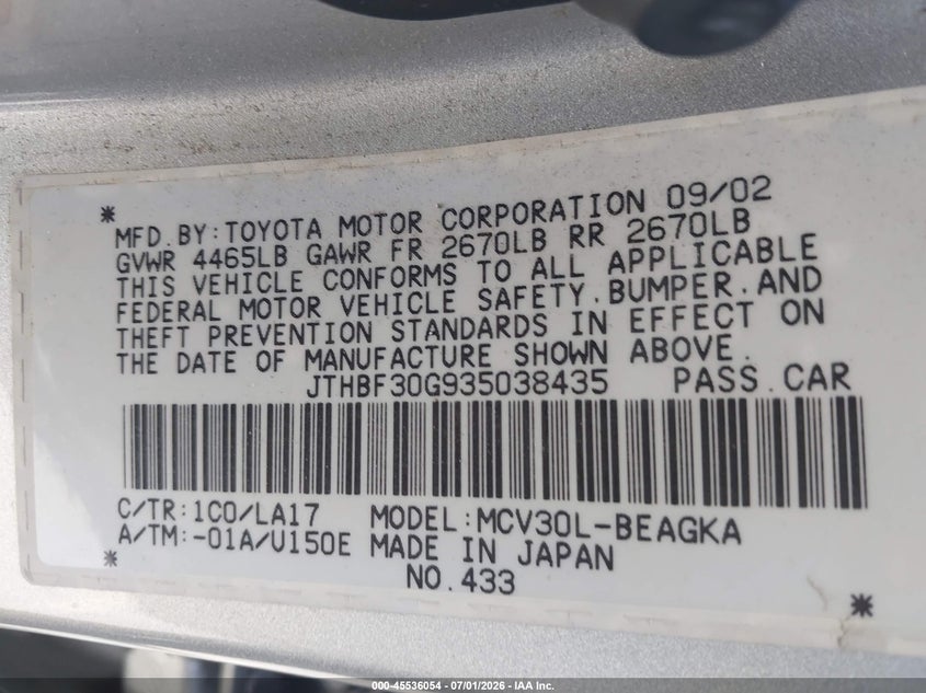 2003 Lexus Es 300 VIN JTHBF30G935038435 IAAI salvage auction — NORMAL WEAR, Clear-Dealer Only (Utah), sold $500 on 2026-07-20 (photo 9)