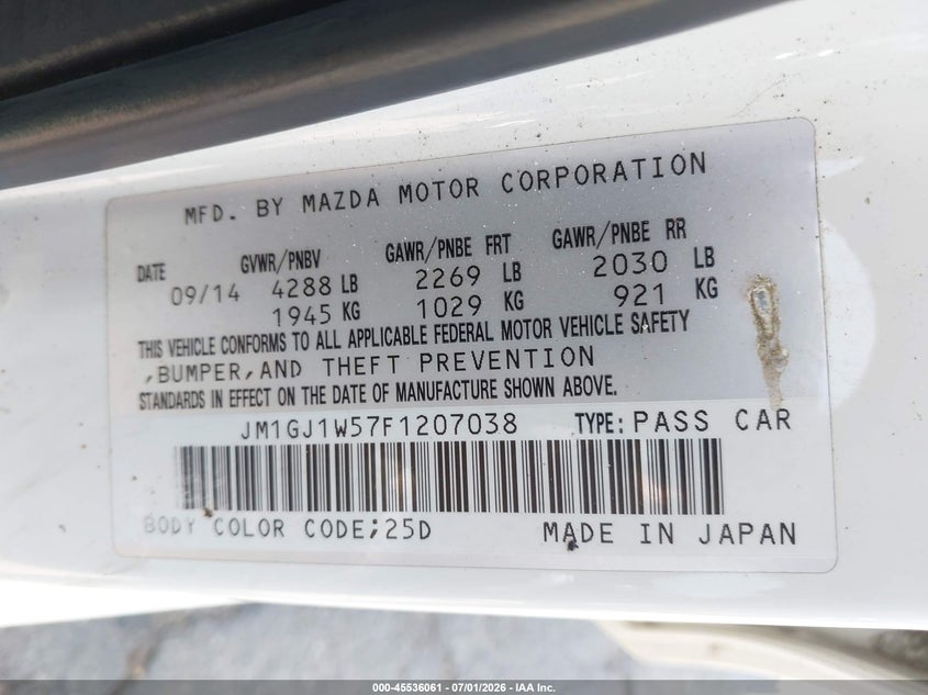 2015 Mazda 6 VIN JM1GJ1W57F1207038 IAAI salvage auction — NORMAL WEAR, Clear - Dealer Only (California), sold $1,875 on 2026-07-14 (photo 9)