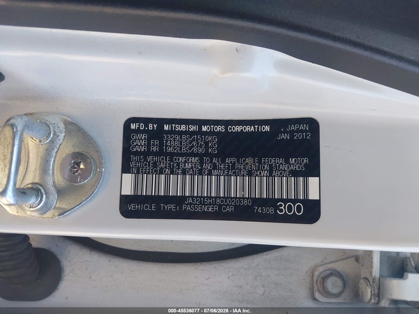 2012 Mitsubishi I miev VIN JA3215H18CU020380 IAAI salvage auction — NORMAL WEAR, Clear - Dealer Only (California), sold $125 on 2026-07-28 (photo 9)