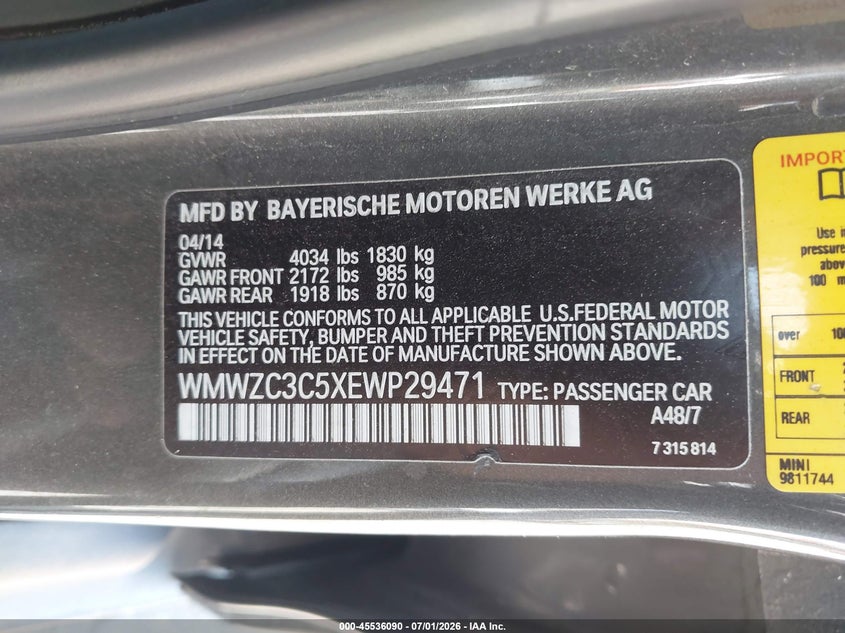 2014 Mini Countryman VIN WMWZC3C5XEWP29471 IAAI salvage auction — NORMAL WEAR, App For Dup Clear (California), sold $275 on 2026-07-28 (photo 9)