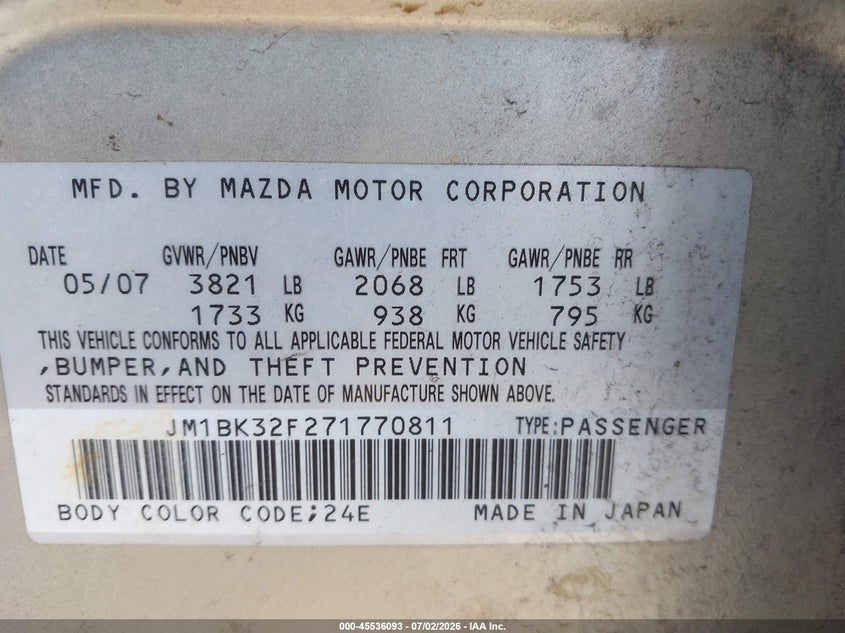 2007 Mazda 3 VIN JM1BK32F271770811 IAAI salvage auction — NORMAL WEAR, Clear (Hawaii), sold $125 on 2026-07-28 (photo 9)