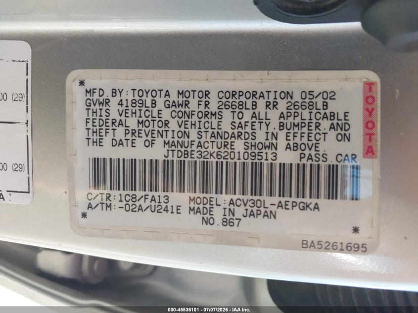 2002 Toyota Camry VIN JTDBE32K620109513 IAAI salvage auction — LEFT FRONT, Clear (California), sold $475 on 2026-07-28 (photo 9)