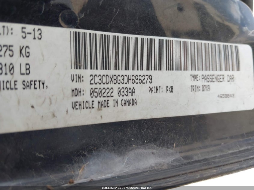 2013 Dodge Charger VIN 2C3CDXBG3DH696279 IAAI salvage auction — FRONT END, Salvage (Texas), sold $775 on 2026-07-19 (photo 9)