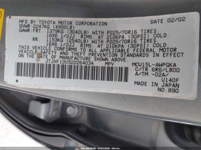 2002 Lexus Rx 300 VIN JTJHF10U520264034 IAAI salvage auction — NORMAL WEAR, Clear (Washington), sold $450 on 2026-07-29 (photo 9)