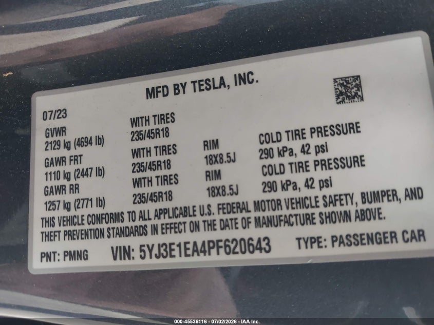 2023 Tesla Model 3 VIN 5YJ3E1EA4PF620643 IAAI salvage auction — FRONT END, Clear (California), sold $3,150 on 2026-07-15 (photo 9)