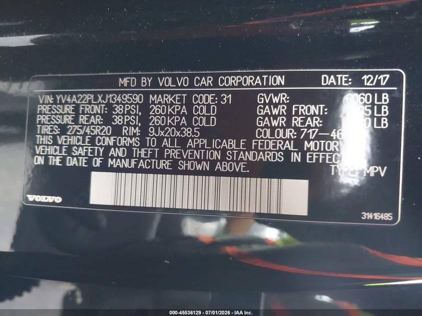 2018 Volvo Xc90 VIN YV4A22PLXJ1349590 IAAI salvage auction — ELECTRICAL, Salvage Title, sold $11,000 on 2026-07-30 (photo 9)