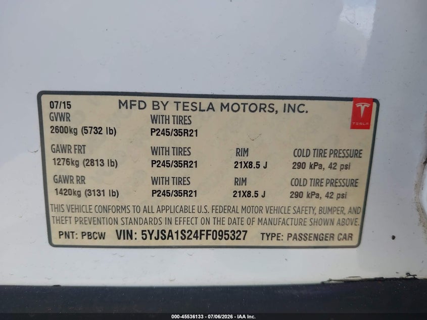 2015 Tesla Model s VIN 5YJSA1S24FF095327 IAAI salvage auction — NORMAL WEAR, Clear (Hawaii), sold $525 on 2026-07-21 (photo 9)