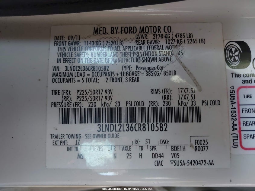 2012 Lincoln Mkz VIN 3LNDL2L36CR810582 IAAI salvage auction — NORMAL WEAR, Clear - Dealer Only (California), sold $650 on 2026-07-17 (photo 9)