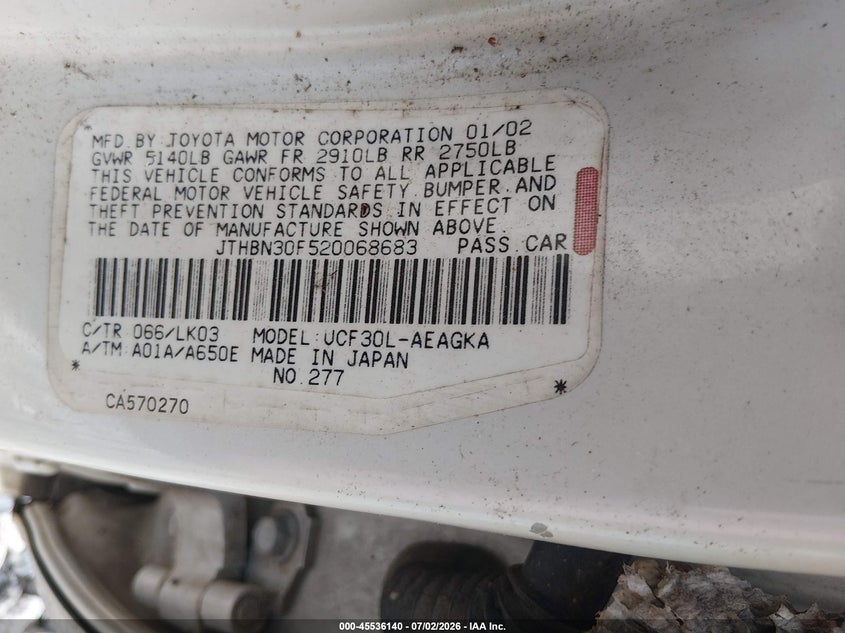 2002 Lexus Ls 430 VIN JTHBN30F520068683 IAAI salvage auction — NORMAL WEAR, Clear (Georgia), sold $425 on 2026-07-17 (photo 9)