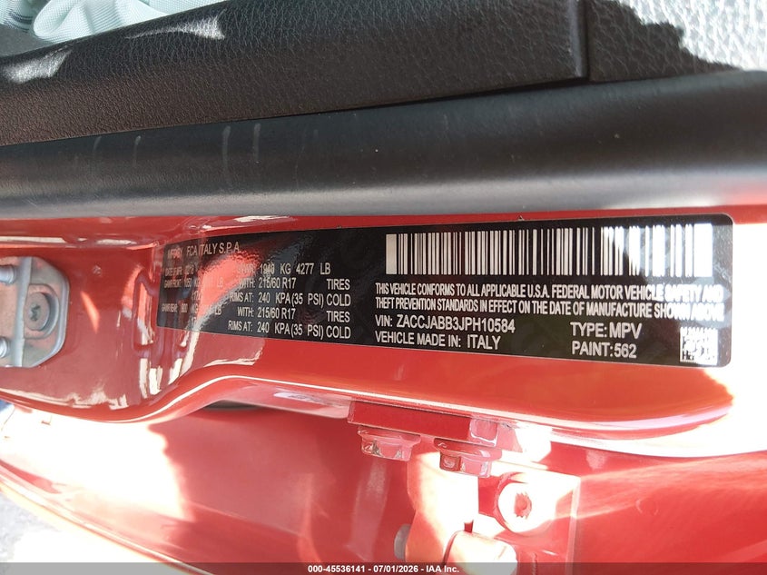 2018 Jeep Renegade VIN ZACCJABB3JPH10584 IAAI salvage auction — FRONT END, Salvage Title, sold $500 on 2026-08-19 (photo 9)
