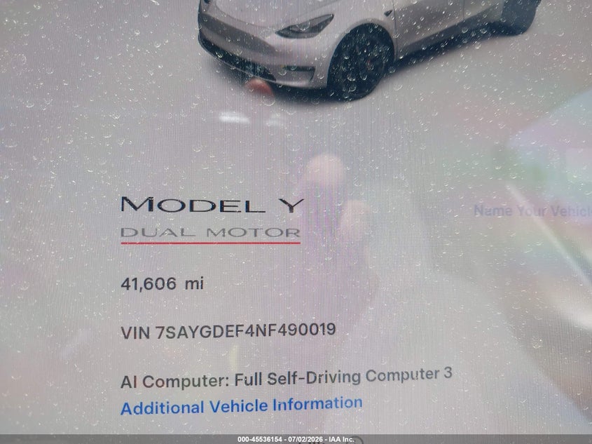 2022 Tesla Model y VIN 7SAYGDEF4NF490019 IAAI salvage auction — RIGHT FRONT, Clear (California), sold $17,950 on 2026-07-14 (photo 7)