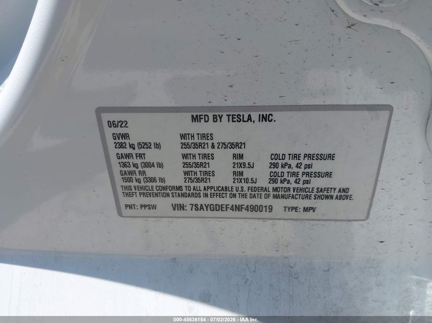 2022 Tesla Model y VIN 7SAYGDEF4NF490019 IAAI salvage auction — RIGHT FRONT, Clear (California), sold $17,950 on 2026-07-14 (photo 9)