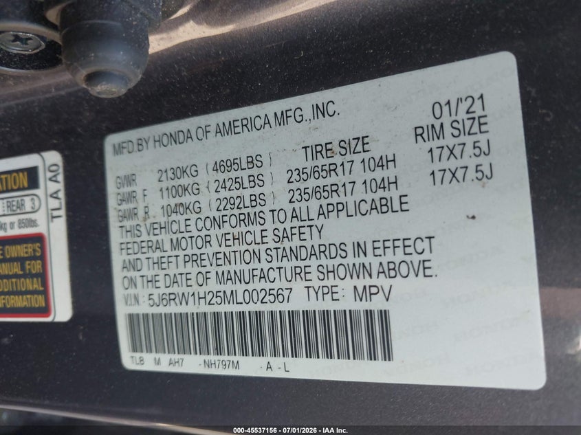 2021 Honda Cr-v VIN 5J6RW1H25ML002567 IAAI salvage auction — THEFT, Salvage Title, sold $8,900 on 2026-07-23 (photo 9)