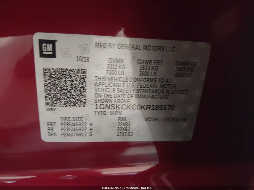 2019 Chevrolet Tahoe VIN 1GNSKCKC0KR189170 IAAI salvage auction — SUSPENSION, Salvage (North Carolina), sold $7,200 on 2026-07-30 (photo 9)