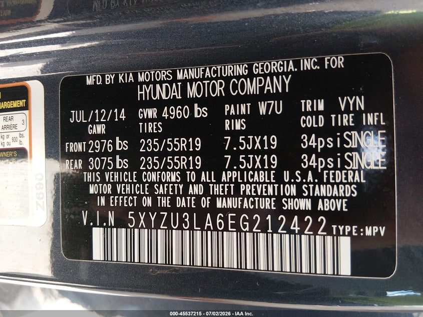 2014 Hyundai Santa fe VIN 5XYZU3LA6EG212422 IAAI salvage auction — NORMAL WEAR, Clear (Florida), sold $2,000 on 2026-07-14 (photo 9)