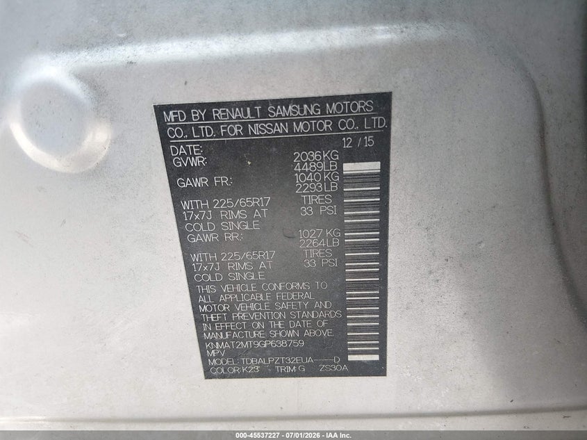 2016 Nissan Rogue VIN KNMAT2MT9GP638759 IAAI salvage auction — NORMAL WEAR, Clear (North Carolina), sold $600 on 2026-07-29 (photo 9)