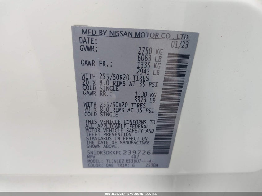 2023 Nissan Pathfinder VIN 5N1DR3DKXPC239726 IAAI salvage auction — STORM DAMAGE, Wait Title, sold $14,200 on 2026-08-20 (photo 9)