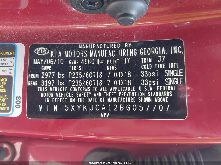 2011 Kia Sorento VIN 5XYKUCA12BG057707 IAAI salvage auction — RIGHT FRONT, Clear (Virginia), sold $1,000 on 2026-07-28 (photo 9)