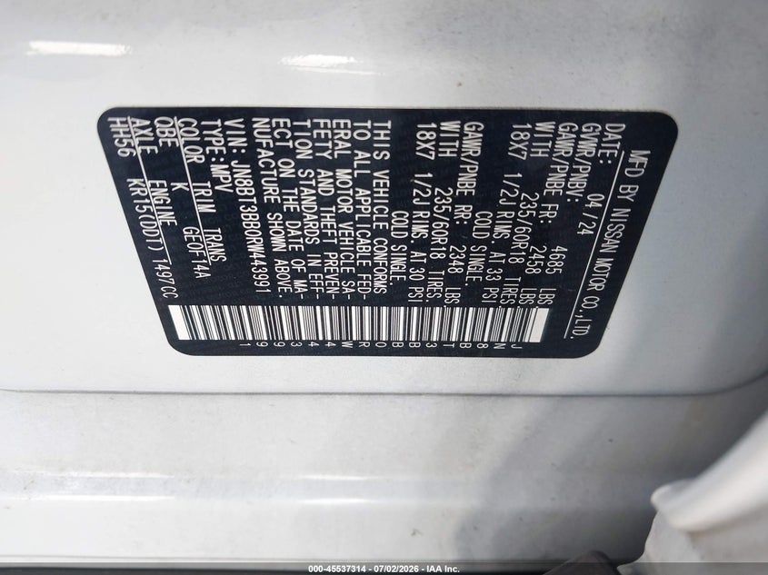 2024 Nissan Rogue VIN JN8BT3BB0RW443991 IAAI salvage auction — FRONT END, Salvage (Virginia), sold $5,900 on 2026-07-23 (photo 9)