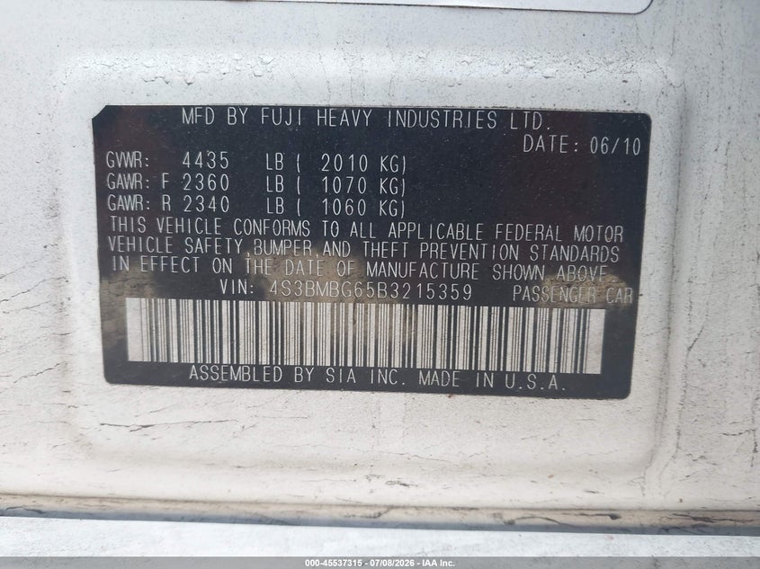2011 Subaru LEGACY VIN 4S3BMBG65B3215359 IAAI salvage auction — FRONT END, Salvage (Pennsylvania), sold $450 on 2026-08-23 (photo 9)