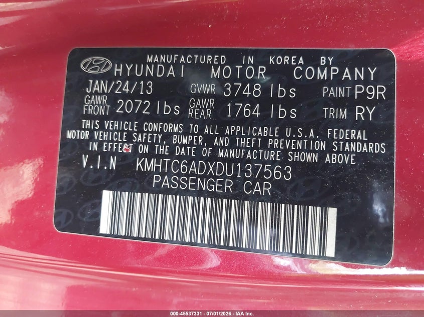 2013 Hyundai Veloster VIN KMHTC6ADXDU137563 IAAI salvage auction — NORMAL WEAR, Clear (Virginia), sold $25 on 2026-07-23 (photo 9)