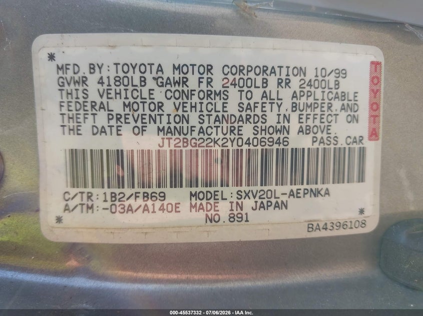 2000 Toyota Camry VIN JT2BG22K2Y0406946 IAAI salvage auction — NORMAL WEAR, Original (Ohio), sold $250 on 2026-07-16 (photo 9)