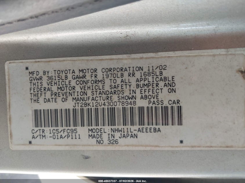 2003 Toyota Prius VIN JT2BK12U430078948 IAAI salvage auction — NORMAL WEAR, Clear (Florida), sold $625 on 2026-07-22 (photo 9)