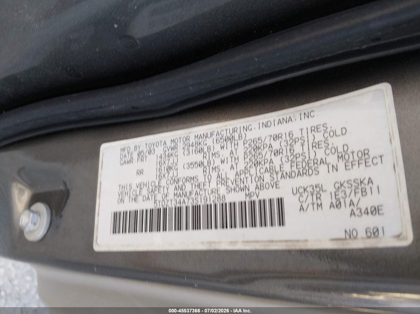 2003 Toyota Sequoia VIN 5TDZT34A73S191288 IAAI salvage auction — NORMAL WEAR, Repossession Paperwork (Georgia), sold $575 on 2026-07-20 (photo 9)
