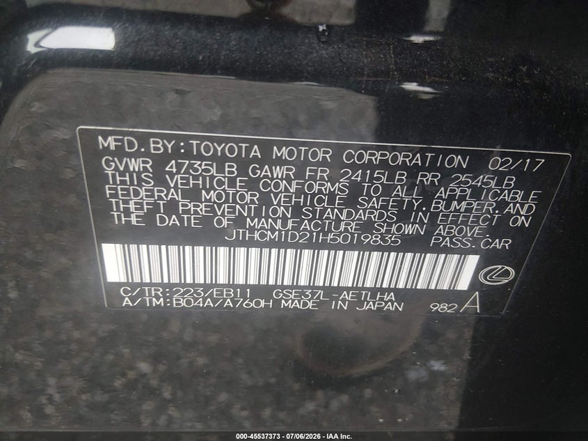 2017 Lexus Is VIN JTHCM1D21H5019835 IAAI salvage auction — FRONT END, Salvage Title, sold $25 on 2026-07-29 (photo 9)