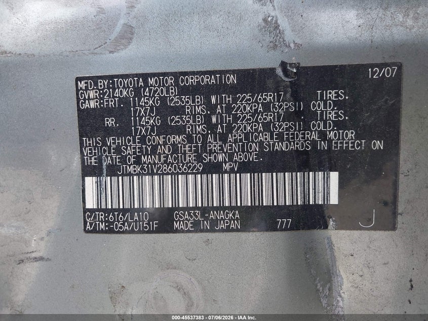 2008 Toyota Rav4 VIN JTMBK31V286036229 IAAI salvage auction — SIDE, Clear (Virginia), sold $900 on 2026-08-01 (photo 9)