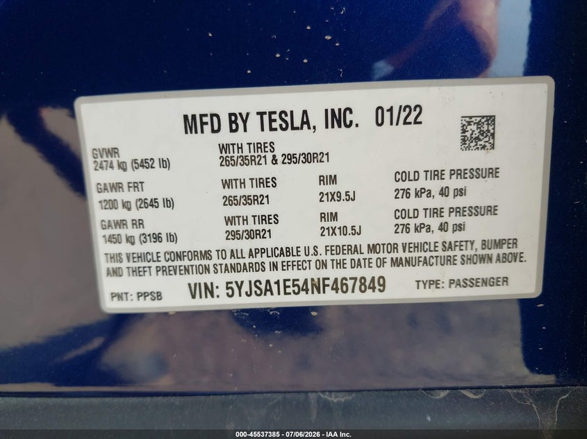 2022 Tesla Model s VIN 5YJSA1E54NF467849 IAAI salvage auction — REAR END, Salvage (Ohio), sold $19,100 on 2026-07-16 (photo 9)