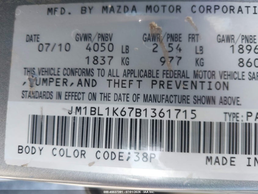 2011 Mazda 3 VIN JM1BL1K67B1361715 IAAI salvage auction — NORMAL WEAR, Salvage (California), sold $350 on 2026-07-29 (photo 9)