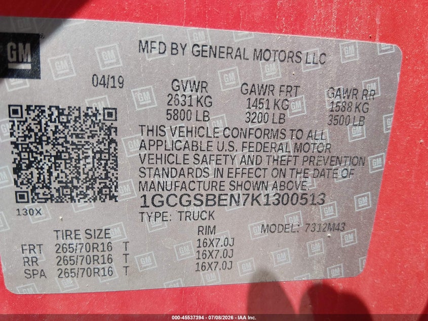 2019 Chevrolet Colorado VIN 1GCGSBEN7K1300513 IAAI salvage auction — LEFT SIDE, Salvage (Kansas), sold $8,600 on 2026-07-31 (photo 9)