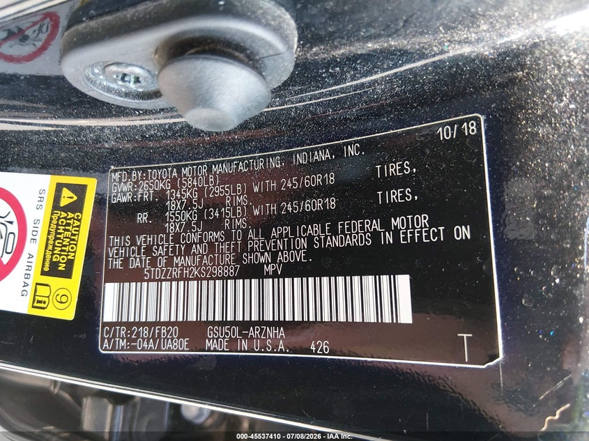 2019 Toyota Highlander VIN 5TDZZRFH2KS298887 IAAI salvage auction — FRONT END, Salvage (South Carolina), sold $3,800 on 2026-07-29 (photo 9)