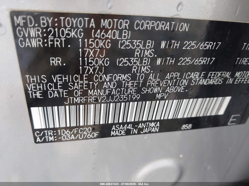 2018 Toyota Rav 4 VIN JTMRFREV2JJ235199 IAAI salvage auction — REAR END, Salvage (Virginia), sold $7,400 on 2026-07-23 (photo 9)