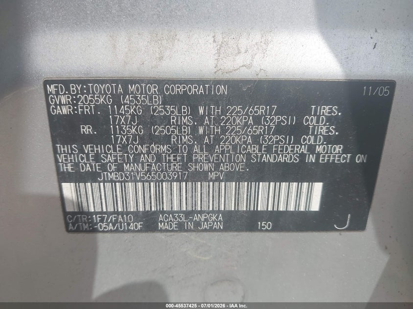 2006 Toyota Rav4 VIN JTMBD31V565003917 IAAI salvage auction — NORMAL WEAR, Salvage (Texas), sold $525 on 2026-07-28 (photo 9)