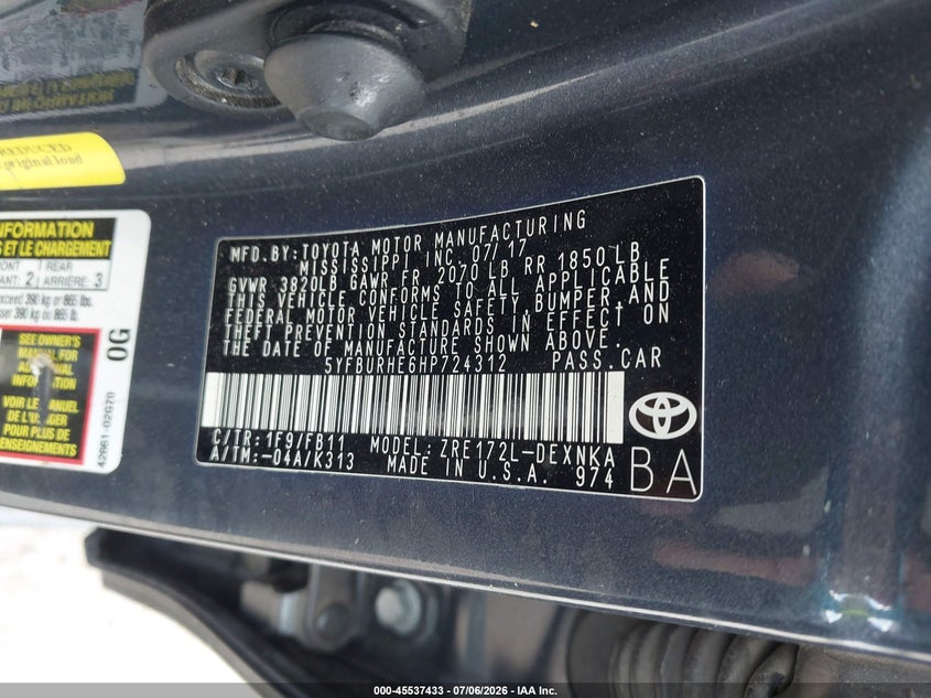 2017 Toyota Corolla VIN 5YFBURHE6HP724312 IAAI salvage auction — FRONT END, Salvage (Texas), sold $25 on 2026-07-28 (photo 9)