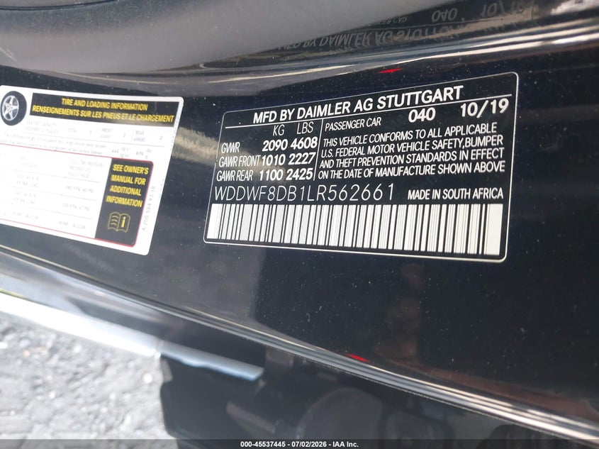 2020 Mercedes-benz C-klasse VIN WDDWF8DB1LR562661 IAAI salvage auction — FRONT END, Wait Title, sold $6,000 on 2026-08-20 (photo 9)